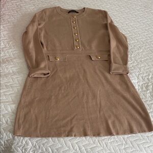 Classic Gold-Button Knit Dress - Beige